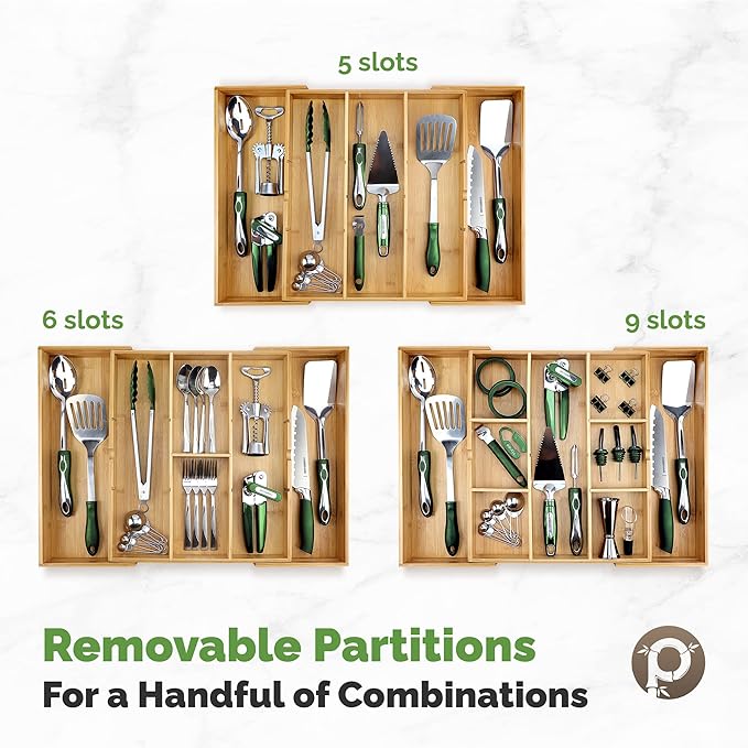 Expandable Drawer Organizers for Kitchen - Extra Deep Non-Slip 17” x 14.6” (expands up to 25 inches) - Dark Wooden Silverware Divider (10 Compartments) – Organize Cooking Utensils