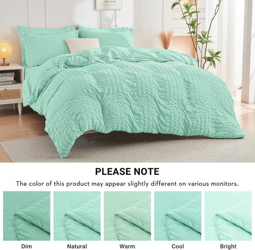 HYMOKEGE Queen Comforter Set - Mint Green Seersucker 7-Piece Luxury Bedding | All-Season Bed in a Bag