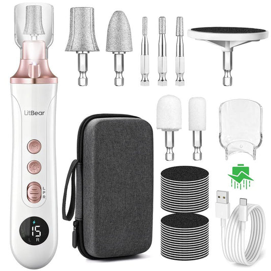 Litbear Electric Nail Drill File Set, 15 Speed Professional Thick Toenail Grinder, Cordless Pedicure Manicure Tool Callus Remover for Women Men Senior Hand Feet Care, Home Salon Use (White)