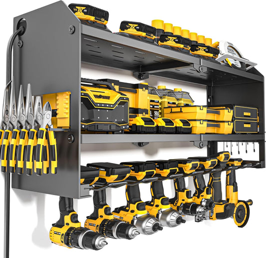 YYR Power Tool Organizer - Wall-Mounted Charging Station for Cordless Drills & Batteries | Black Storage Rack