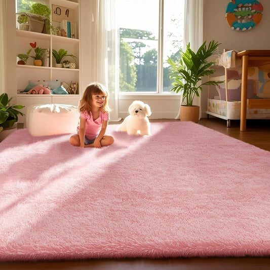 Ophanie Pink Shag Area Rug - Soft Fluffy Furry Carpet for Kids' Bedroom | 4x6 Cute Plush Decor