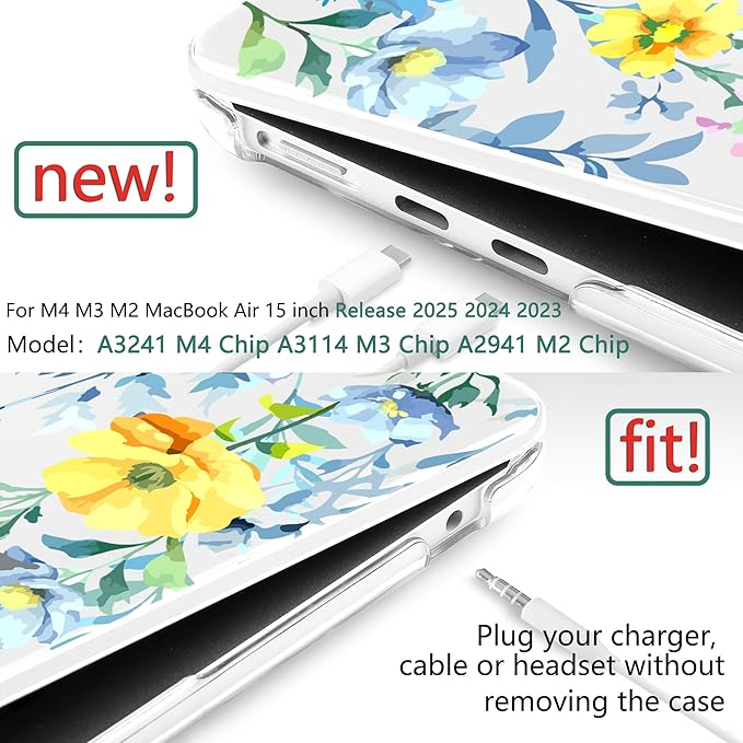 TWOLSKOO for MacBook Air 15 inch Case 2025 2024 2023 Release M4 A3241 M3 A3114 M2 A2941, Plastic Hard Shell & Screen Protector & Keyboard Cover & Type C Adapter, Blue Flowers