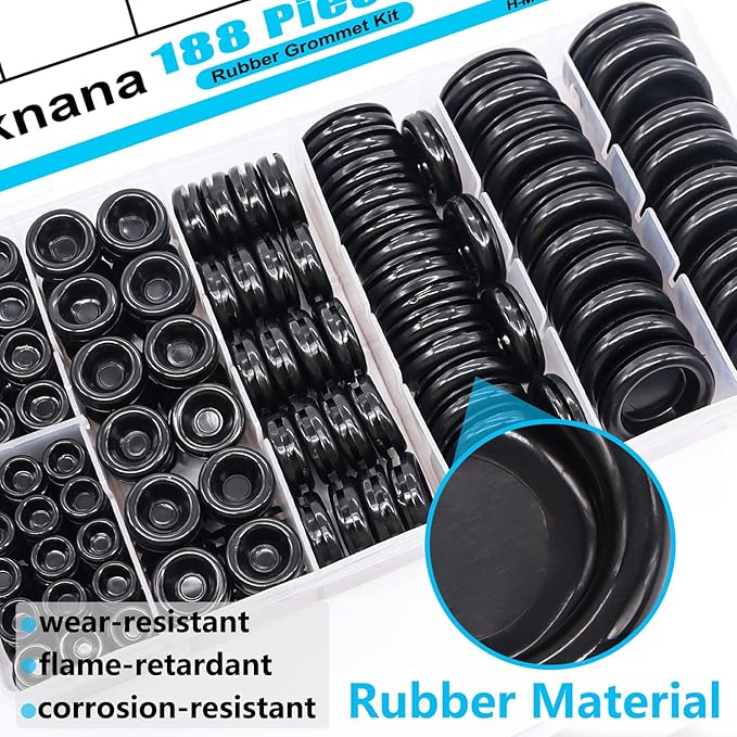Hmknana Rubber Grommet Kit Closed Firewall Grommet 7 Sizes 7/25" 3/8" 1/2" 5/8" 3/4" 7/8" 1" Rubber Hole Plug Rubber Grommets for Wiring (188Pcs)
