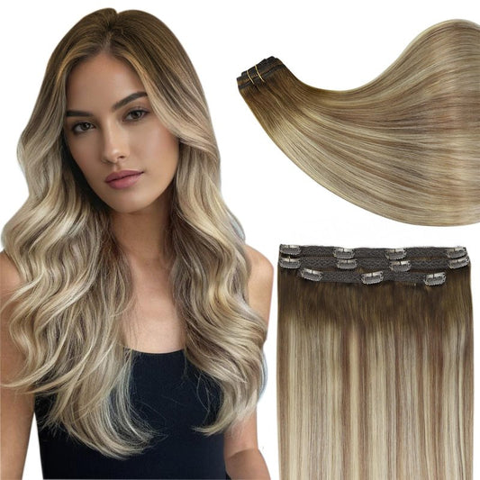 Full Shine Ombre Hair Extensions Clip in Human Hair, Dark Brown Roots Ash Brown Mix Medium Blonde Lace Weft for Layered Hair Enhancement, 16 Inch 3 Pcs 60g