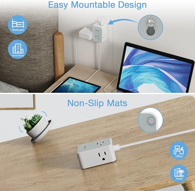 TESSAN Small Flat Plug Power Strip, Ultra Thin Extension Cord 5 ft, 3 AC Outlets with 3 USB Ports (1 USB C), Multiple Wall Outlet Extender for Cruise Travel Office School Dorm Room Essentials