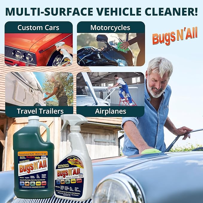 Bugs Nâ All Multipurpose Car Cleaner & Degreaser - Bug & Tar Remover Concentrate 1 Gallon - Exterior Cleaner Safe for Car Paint, Metal, Chrome, Aluminum, Windows & Mirrors - w/Free 32 oz Spray Bottle