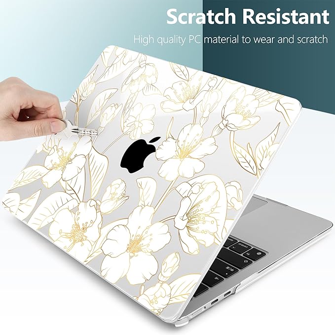 TWOLSKOO for MacBook Air 15 inch Case 2025 2024 2023 Release M4 A3241 M3 A3114 M2 A2941, Plastic Hard Shell & Screen Protector & Keyboard Cover & Type C Adapter, Gold Cherry Blossom