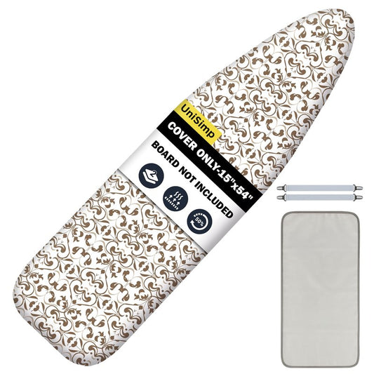 UniSimp Ironing Board Cover and Pad 15"x54" Extra Thick Natural Cotton, Scorch and Stain Resistant Padding, Standard Size Iron Board Cover with Fasteners Heavy Duty Elastic Edge, Heatproof Taupe