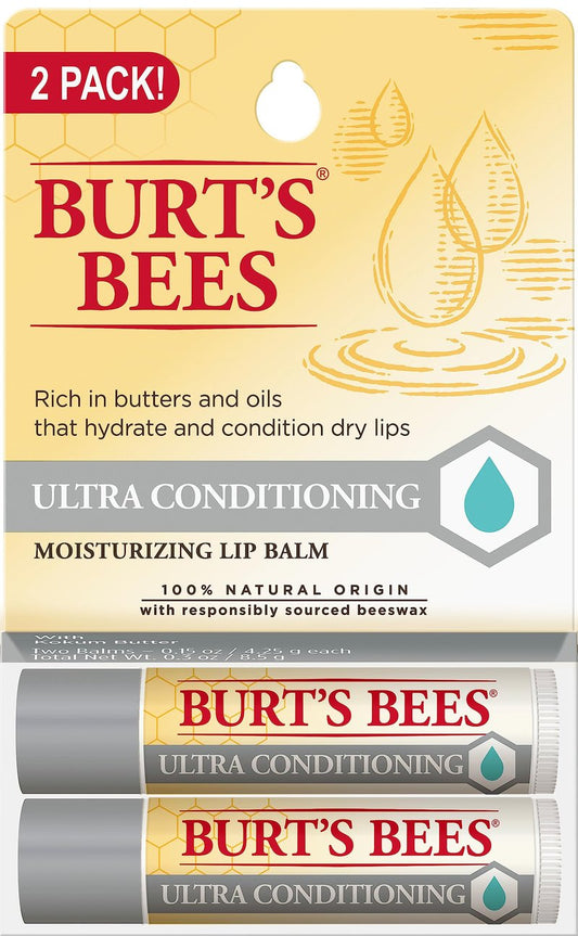 Burt's Bees Lip Balm Valentines Day Gifts, Ultra Conditioning Moisturizing, Lip Moisturizer Rich in Oils and Butters, Natural Origin Lip Care, 2 Tubes, 0.15 oz.