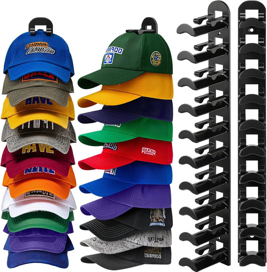 Skiennix Hat Hook Organizer - Holds Up to 20 Hats | Strong Adhesive & Screws Included - Black, 2 Pack