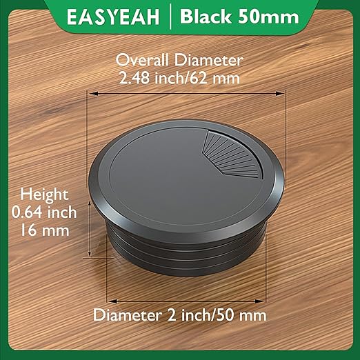 EASYEAH 5 Pcs Desk Grommet 2" / 50 mm, Desk Cord Hole Cover, Cable Grommet ABS Plastic, Desk Hole Grommet for Home & Office Pc, Detachable Adjustable Cable Cord Organizer-Black