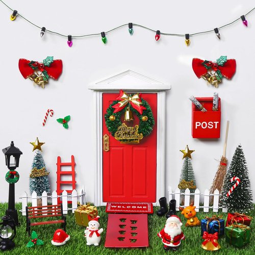 Celltestria 39-Piece Red Christmas Elf Fairy Door Decoration Set | Miniature Figures & Wooden Doors for Dollhouses
