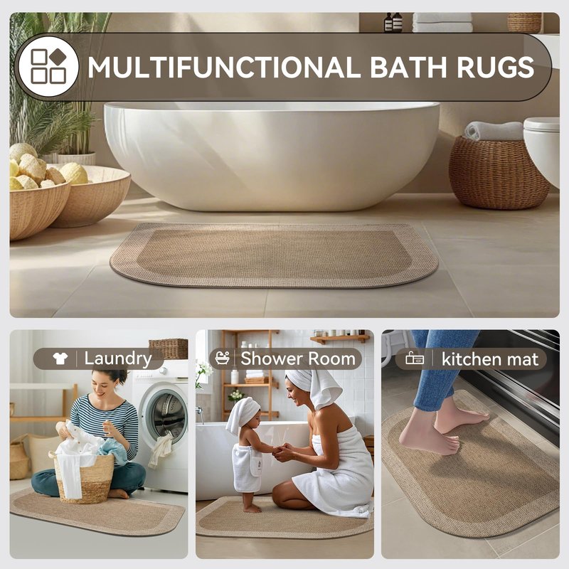 YDKGL Half Circle Bath Mat, Non Slip Bath Mat, Thin Bathroom Rugs Fit Under Door Quick Dry Absorbent Washable Bathroom Mat with Rubber Backing, Brown Beige 16x24
