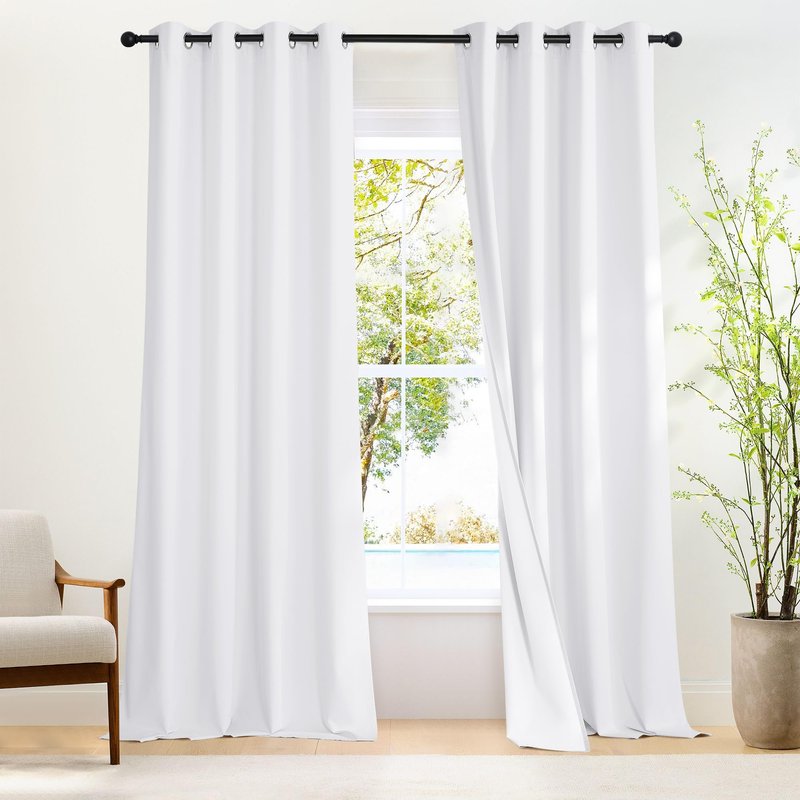 NICETOWN White 100% Blackout 90 inch Curtains for Bedroom, Grommet Full Blackout Window Treatments Heat Blocking for Living Room, W52 x L90, 2 Panels