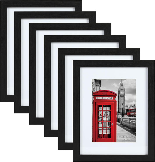 PEALSN 8x10 Picture Frame Set of 6 - Display 5x7 with Mat or 8x10 Without Mat in Black Woodgrain