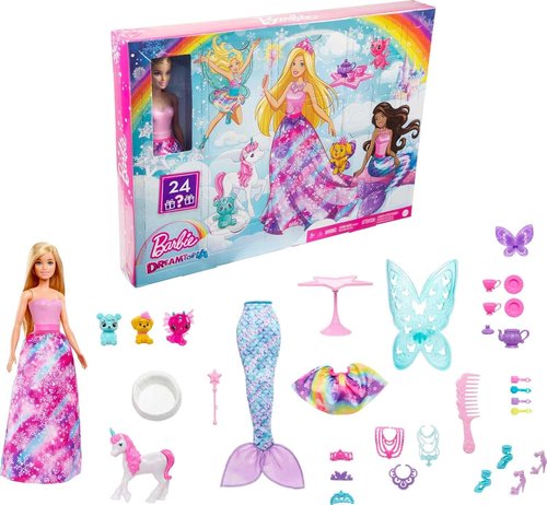 Barbie Dreamtopia Advent Calendar - Fantasy-Themed with 24 Daily Surprises & Toys, Includes Fashion Doll, Pets, Clothes & Accessories