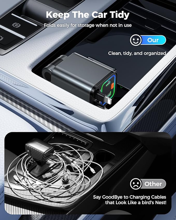 Retractable Car Charger 84W, 4-in-1 Fast Car Charger with Retractables 2.6ft, Cigarette Lighter Charging Block USB+USB C Cube for iPhone 13 14 15 16 17 Pro Max,Plus,Samsung Galaxy,Pixel