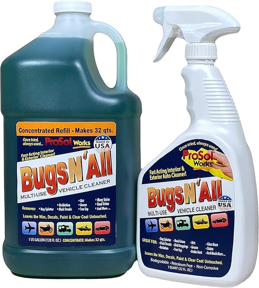 Bugs Nâ All Multipurpose Car Cleaner & Degreaser - Bug & Tar Remover Concentrate 1 Gallon - Exterior Cleaner Safe for Car Paint, Metal, Chrome, Aluminum, Windows & Mirrors - w/Free 32 oz Spray Bottle
