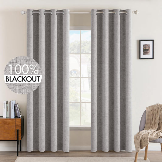 MIULEE 100% Blackout Linen Texture Curtains - Thermal Insulated Light Gray Drapes | 84 Inches, 2 Panels