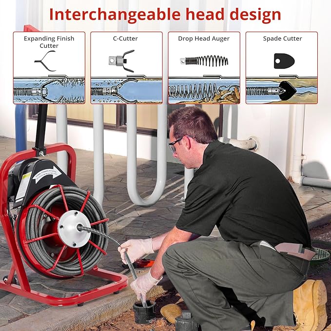 Garvee K-300K 1/2 in 75 ft 1 Red & Black Electric Drain Cleaner Machine - Automatic Auger for 1 to 4 in Pipes, Portable Design, 4 Cutters, Foot Switch Control, and Includes Gloves.