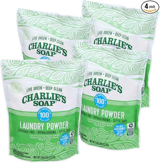 Charlieâs Soap Laundry Powder (100 Loads, 4 Pack) Deep Cleaning Washing Powder Detergent â Eco-Friendly, Safe, and Effective