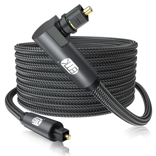EMK 90 Degree Toslink Optical Cable 360 Degree Free-Rotating Plug Fiber Optic Cable S/PDIF Toslink Male to Male Cable for Home Theater, Sound Bar, TV, PS4, Xbox,Grey (25ft/7.6m)