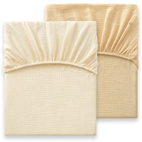 Bailix Heavyweight Muslin Baby Crib Sheets - 2PCS 52"x28" Neutral Fitted Crib Sheets for Boys Girls, Breathable Soft 100% Organic Cotton Standard Baby Mattress Sheet (Cream, Coffee)