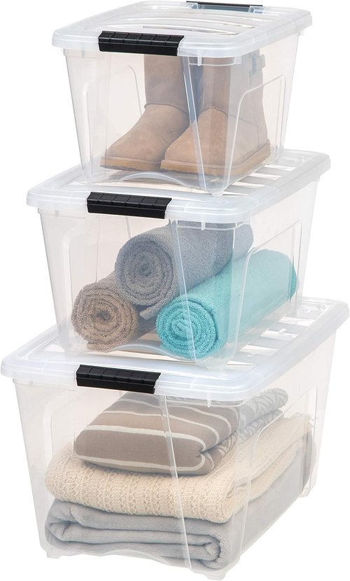 IRIS USA Plastic Storage Bin Combo Pack - Durable Lids & Secure Latching Buckles | 19/32 Qt, 3-Pack, Clear