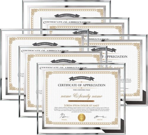 Hoikwo Picture Frames - 8.5x11 Silver Glass Frames for Certificates & Diplomas | 6-Pack, Tabletop Display