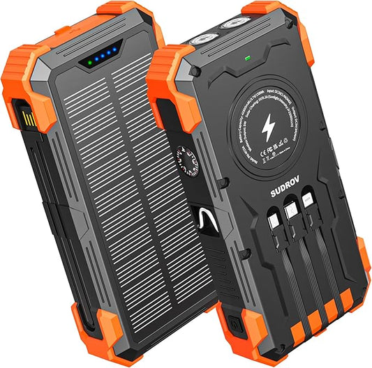 Solar Charger Power Bank, 42800mAh Wireless Portable Charger with USB-C in/Output, QC3.0 Fast Charging 15W 4 Ports Outdoor Battery Pack Built-in Dual Led Flashlights for iPhone Samsung etc