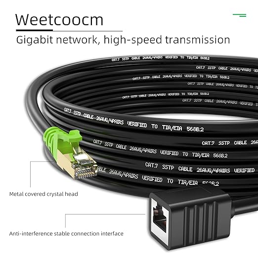 Weetcoocm Ethernet Extension Cable 50ft, Network Cat6a Extension Patch Cable RJ45 Cords Shielded Male to Female Connector (50FT)