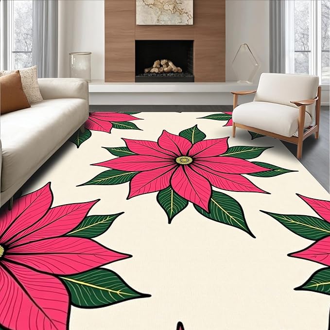 Flatwoven High Traffic Area Rug 5x7, Holiday Poinsettia Bathroom Festive Winter Floral Shower Curtain, Non Slip, Stain Resistant, Washable Area Rugs for Living Room, Bedroom (Pink, 5x7, Pad)