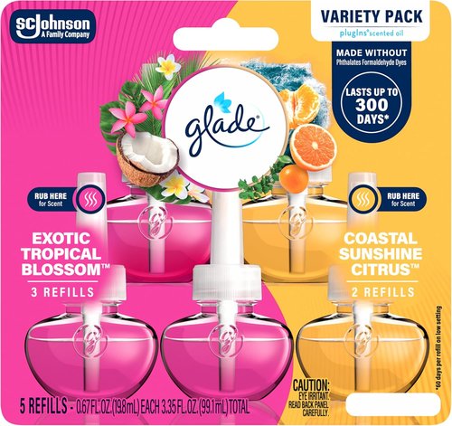 Glade PlugIns Refills Air Freshener - Exotic Tropical Blossoms & Coastal Sunshine Citrus | 0.67 Fl Oz, 5 Count