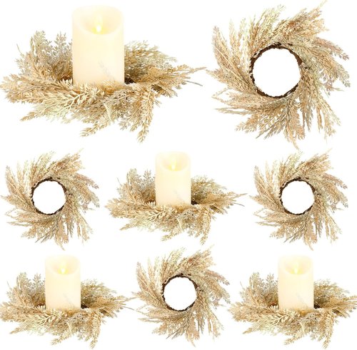 Hanaive Boho Candle Wreaths - 8 Pcs Small Faux Pampas Decor for Weddings & Home | 3.9 in