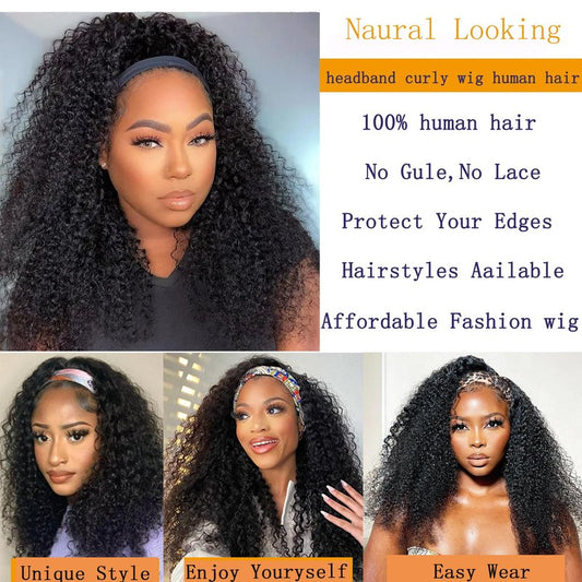 Semicaop Curly Headband Wigs 16 Inch 100% for Black Women Human Hair Glueless Wear and Go Human Hair Headband Wigs Curly 180% Density Natural Black