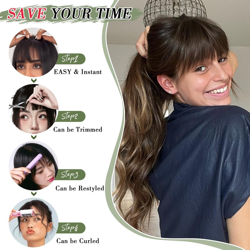 Carendia Bangs Hair Clip Human Hair Natural Black French Bangs for Women Fringe with Temples Hairpieces (Brown Black, 3D Bangs)