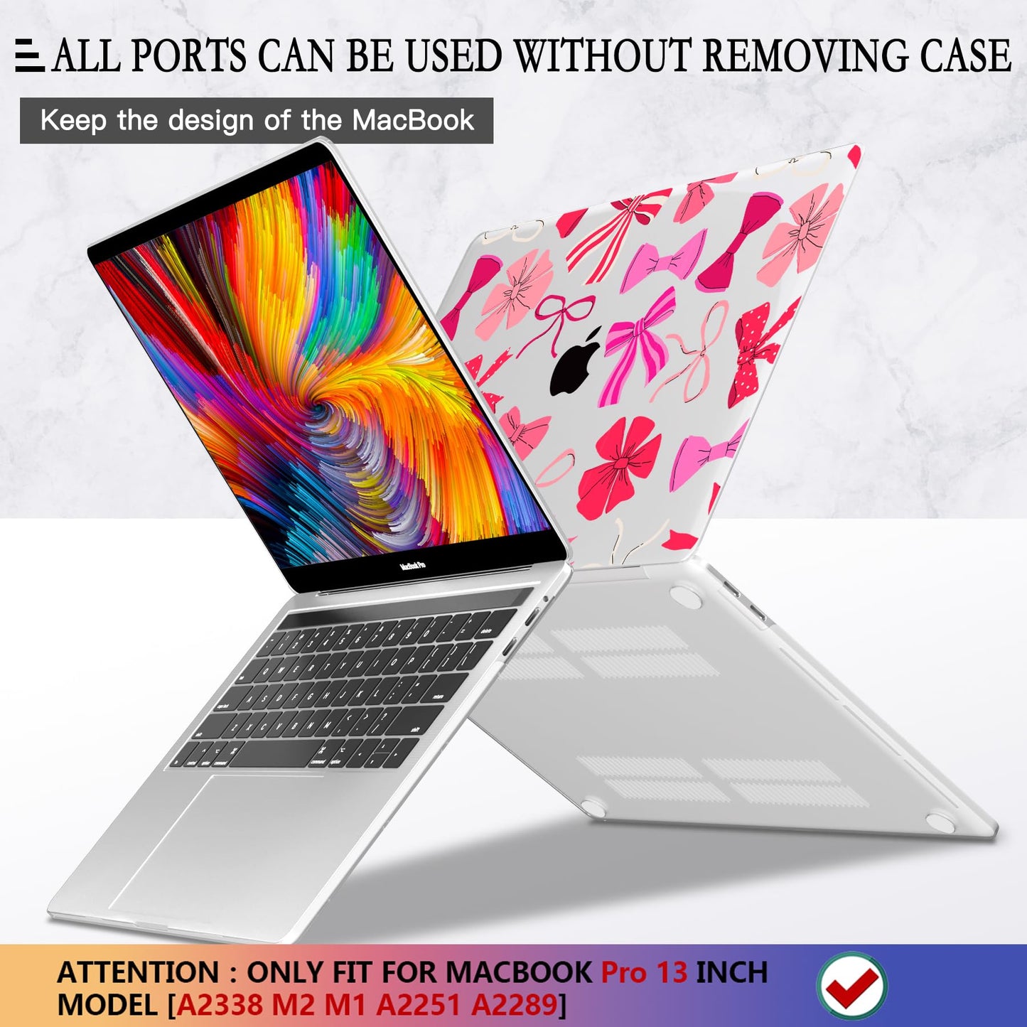CISSOOK Compatible with MacBook Pro 13 inch 2025-2016 Release M2 M1 Chip A2338 A2251 A2289 A2159 A1989 A1706 Model, Plastic Hard Shell Case with Keyboard Cover&Screen Protector, Pink Bows