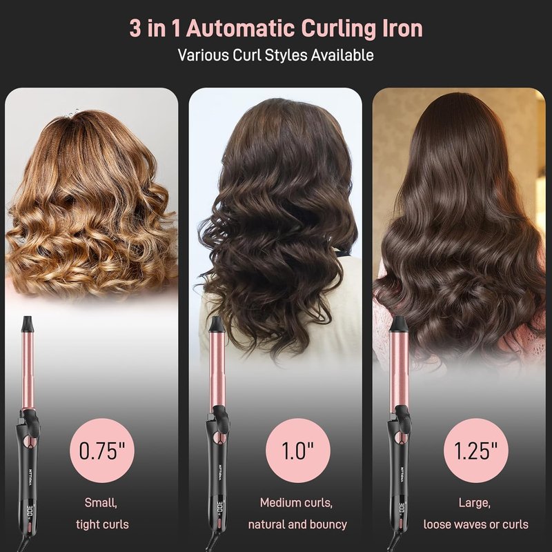 Automatic Curling Iron - 3-in-1 Interchangeable Curling Wand for Lasting Beach Waves | Adjustable Temp, Dual Voltage, Rose Gold