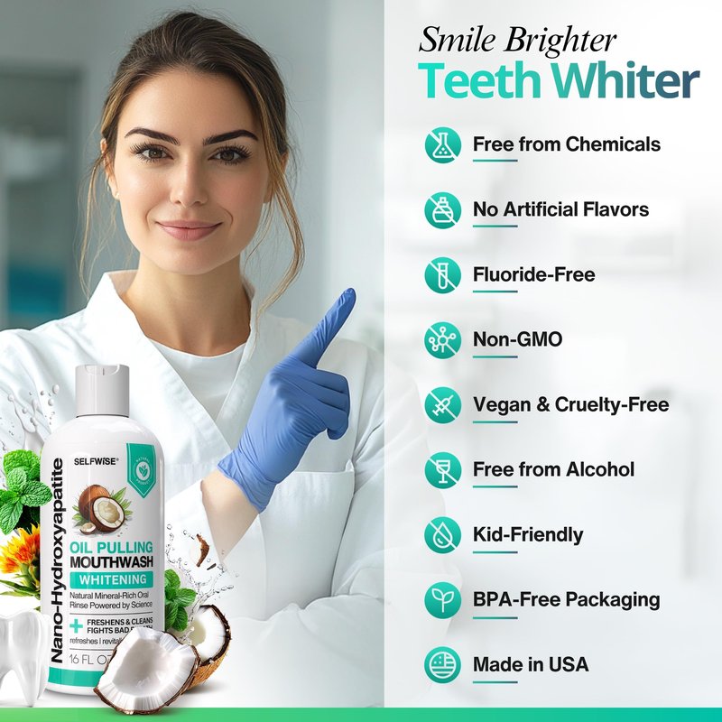 Nano-Hydroxyapatite Oil Pulling Whitening Mouthwash for Teeth and Gums, Natural & Organic, Whitens Teeth, Strengthens Enamel, Fights Bad Breath & Plaque – Smooth & Non-Greasy – for Adults - 16oz