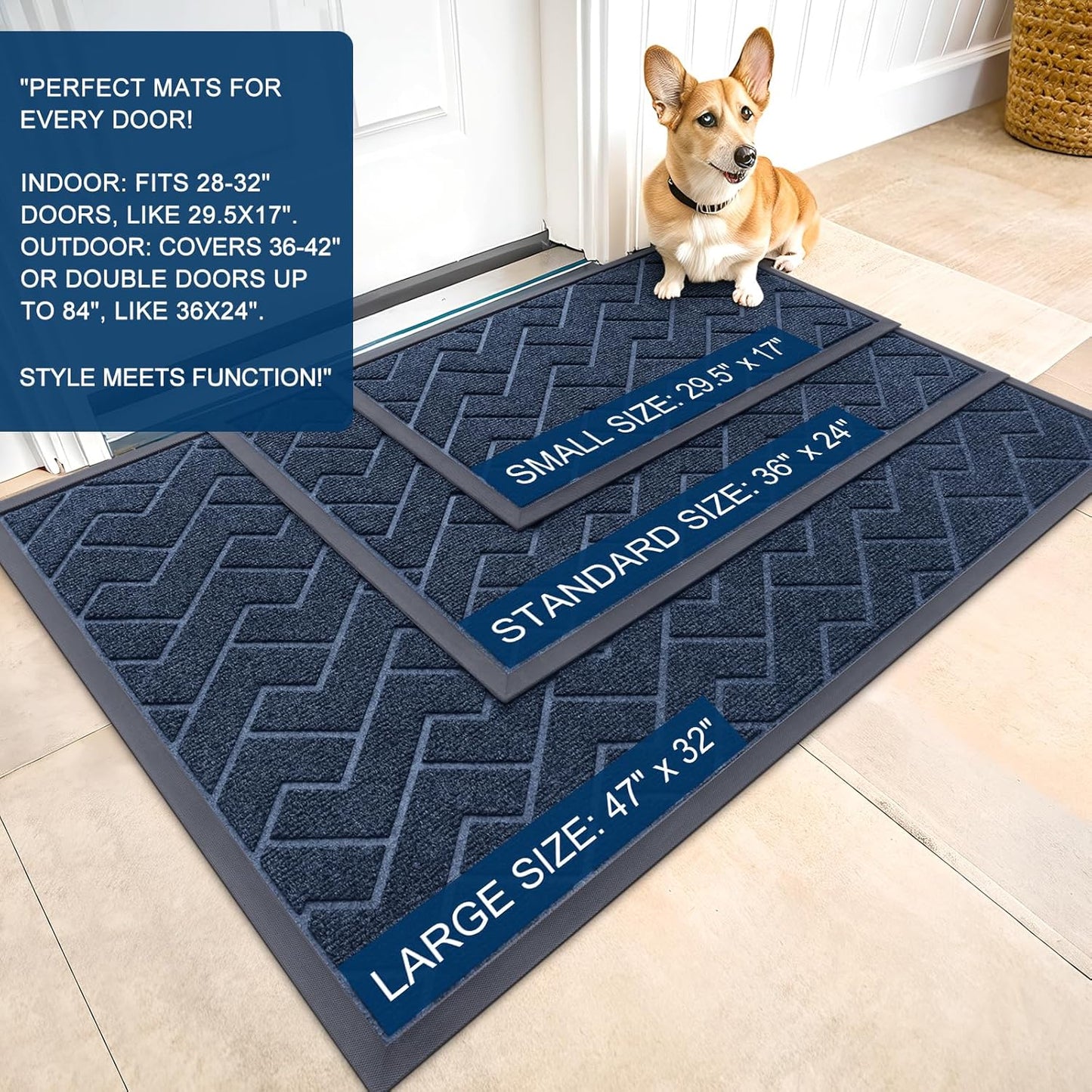 OLANLY Waterproof Front Door Mat - All-Season Herringbone Design, Easy Clean, Natural Rubber | Blue, 71x47