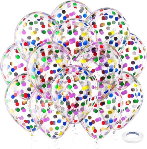 Bezente Rainbow Confetti Balloons - 60 Pack of 12-Inch Helium Balloons for Party Decorations