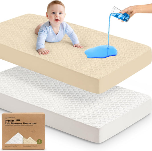Skiennix Waterproof Crib Mattress Protector - Soft Quilted Cotton Pad, 52" x 28", Machine Washable | 2-Pack (Khaki/Mavy)