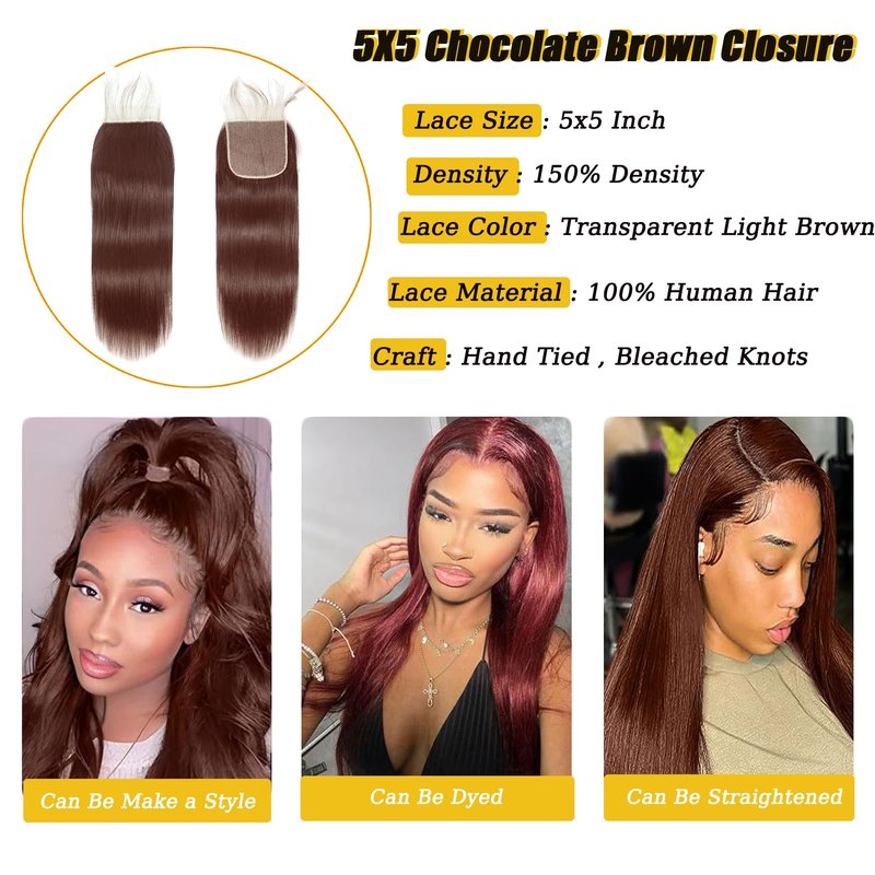Kafeier 5x5 Chocolate Brown Closure 4# 100% Human Hair Pre Plucked With Baby Hair stright Closure 5 by 5 Lace frontal 12 Inch