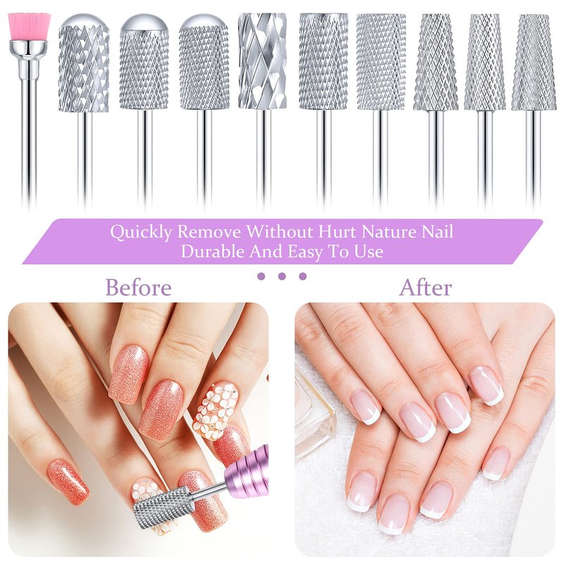 Honoson 10 Pcs Nail Drill Bits Set, 3/32 Inch Cuticle Tungsten Carbide Bit for Nail Drill Nails, File Remove Acrylic Gel Polish Manicure Pedicure Tool for Salon Home Supplies(Silver)
