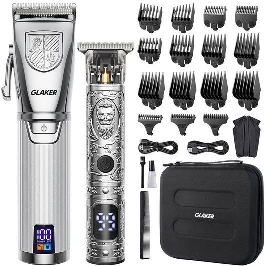 GLAKER Hair Clippers for Men,Professional Mens Hair Clippers Cordless Clippers for Hair Cutting,Precision Trimmer Kit Zero Gap Trimmer with LED Display 15 Guide Combs (Silver)