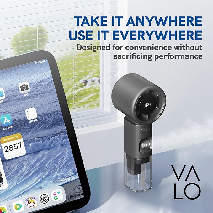 ValoInv Valo Portable Rechargeable Fan - Mini Cooling Fan for Travel, USB Desk Personal Fan with 100 Speeds, Water Cooling Technology, 50ml Tank, Quiet Operation, 2,000 mAh Battery - Titanium Gray