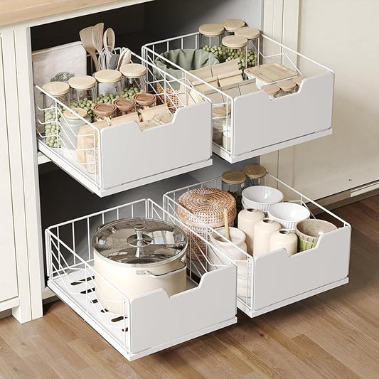 NETEL Pull Out Cabinet Organizer, 4 Pack No Drill Slide Out Drawers for Kitchen Cabinets, Metal Pantry Pull Out Shelves, Kitchen Cabinet Organizer, Pull Out Home Organizers,11.8"W X 15.7"D X 6.9"H