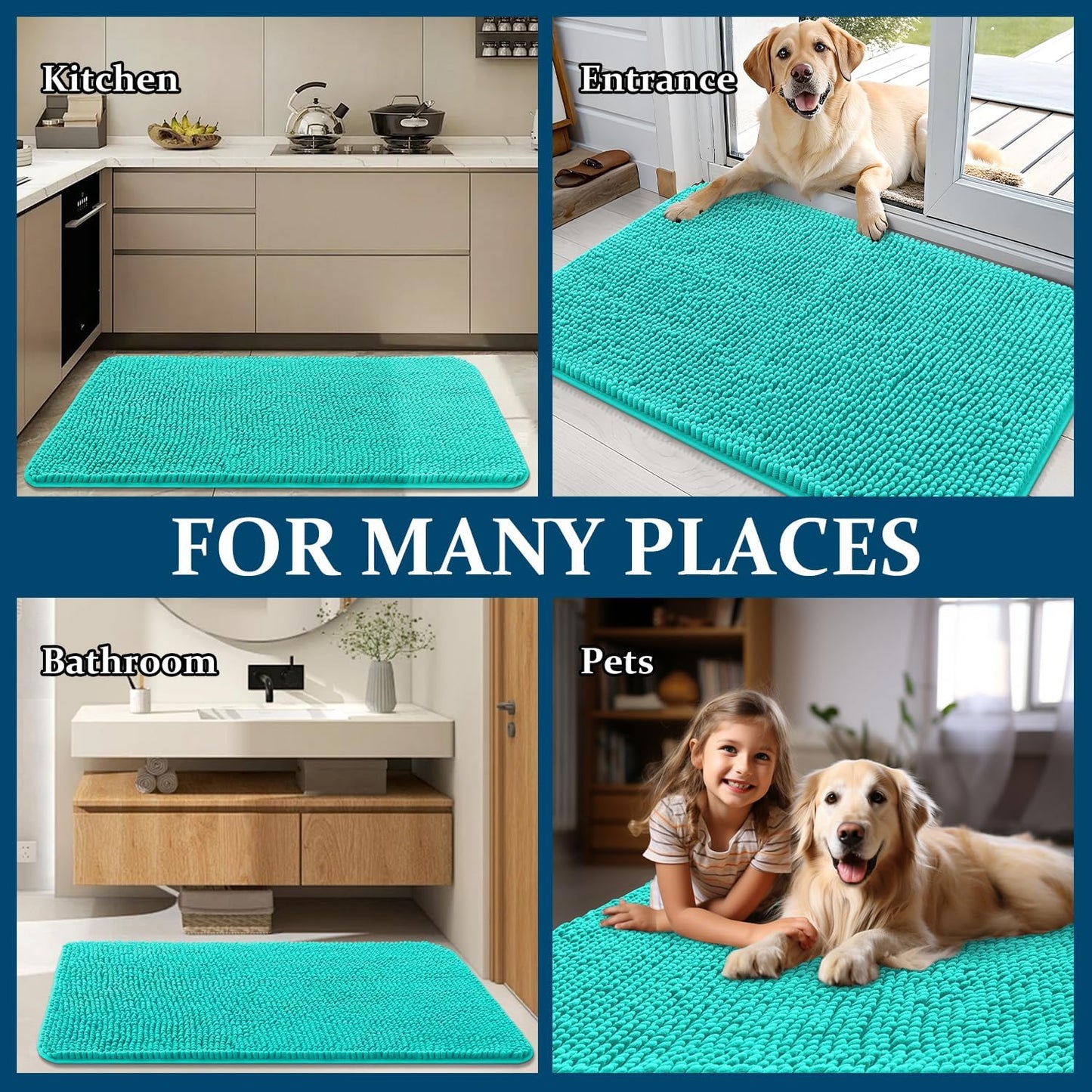 OLANLY Dog Door Mat - Absorbent Non-Slip Chenille for Muddy Paws | 34x21 Inches, Quick Dry, Teal