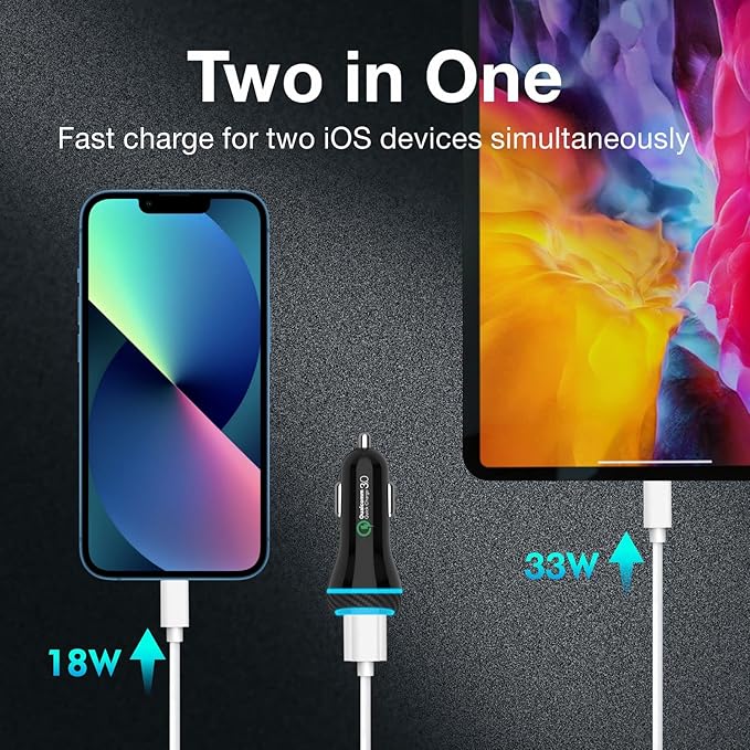 MOCA USB-C Car Charger, 51W USB-C & USB-A 2-Port PD/QC 3.0 Car Power Adapter W/ 2pcs 3.3ft A-P/C-P Cable Car Charger for iPhone 17/16/15 Series, Samsung Galaxy S25/S24/S23 Series, iPad Pro, AirPods