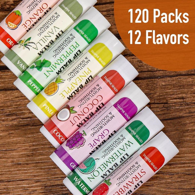 Azen Lip Balm Bulk - 120 Pack Moisturizing Lip Balms for Dry Cracked Lips | 12 Delicious Flavors